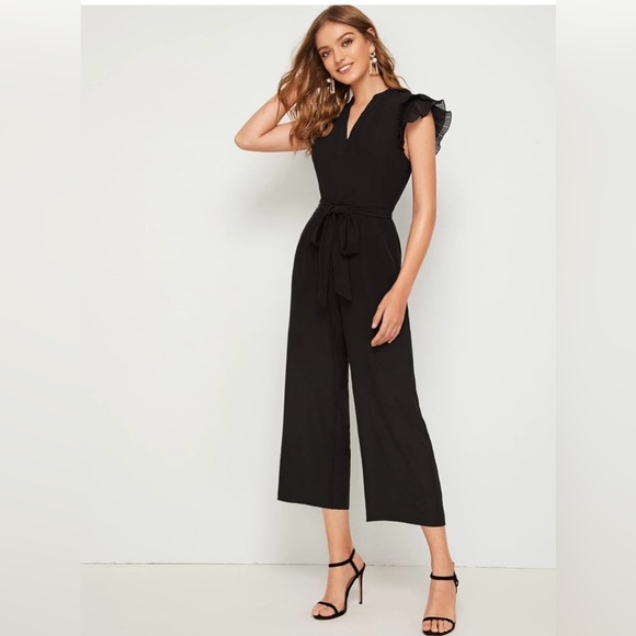 Wdirara Pants - WDIRARA Women's Layered Ruffle Sleeve Notched V Neck Belted Jumpsuit NAVY BLUE